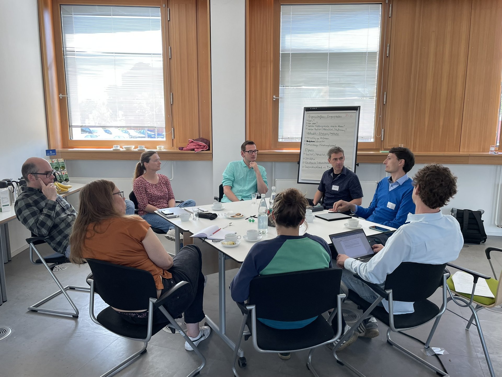 8 Personen sitzen um einen Tisch bei einem Workshop in Dessau.