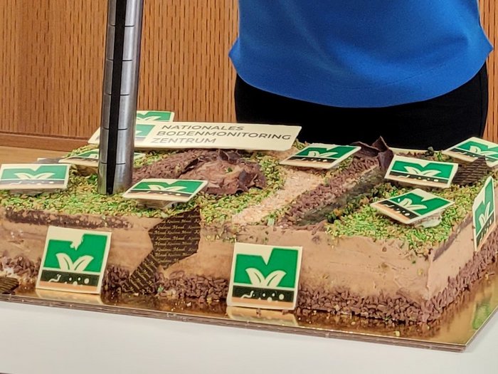 4 Personen stehen vor einer Torte um sie anzuschneiden.