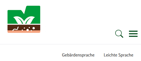 Der obere Bereich von der Internet-Seite mit dem Logo und den Links zur Leichten Sprache und zur Gebärden-Sprache. Und mit der Lupe und dem Menü.